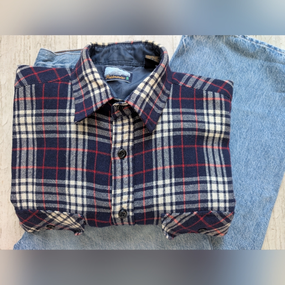 Unisex/Vintage- Fieldmaster- Navy/White/Red Plaid Shirt- Wool Blend- Size M